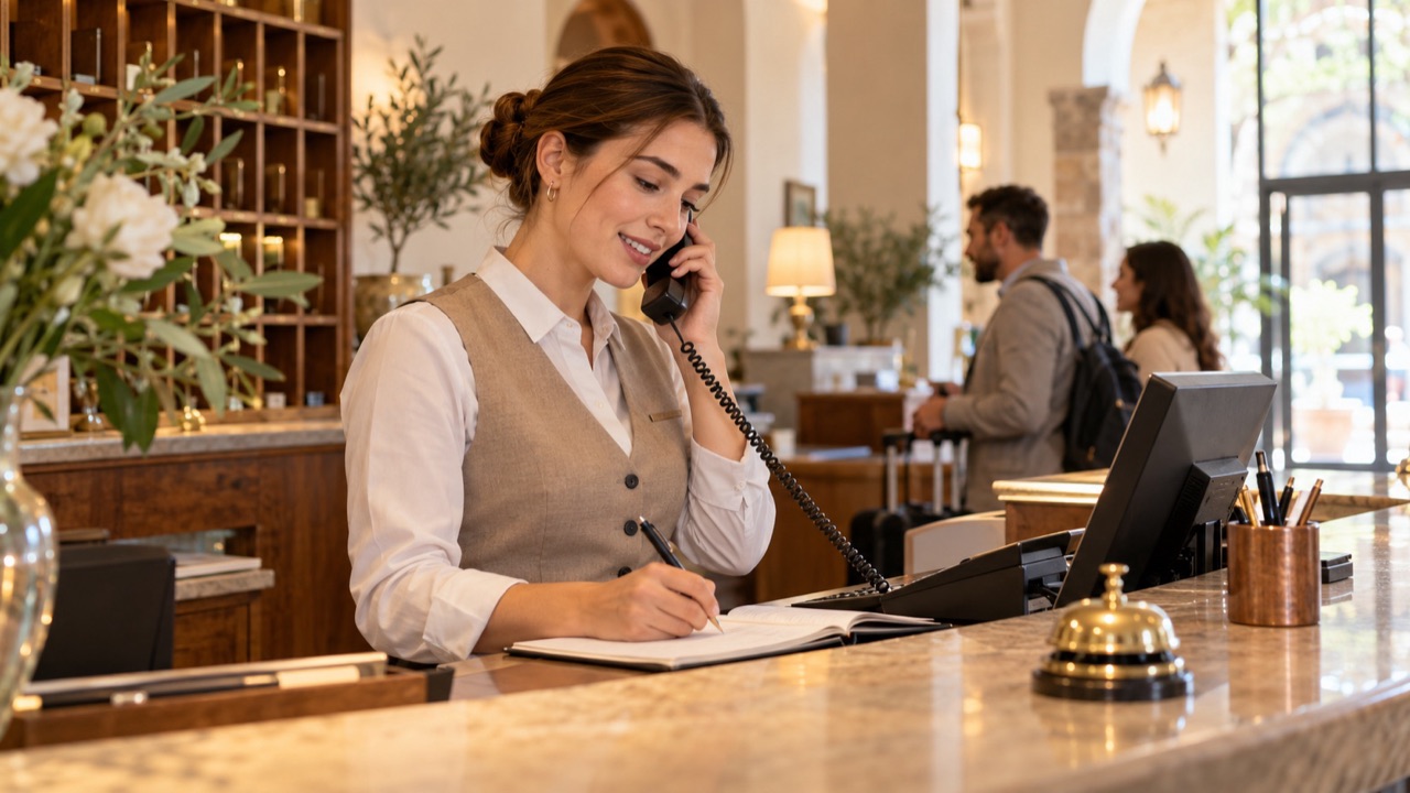 Receptionist takes a phone call and spells a booking name while noting it carefully.