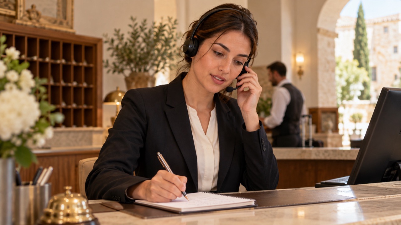 Receptionist records a callback message with a headset and notepad, focusing on listening.
