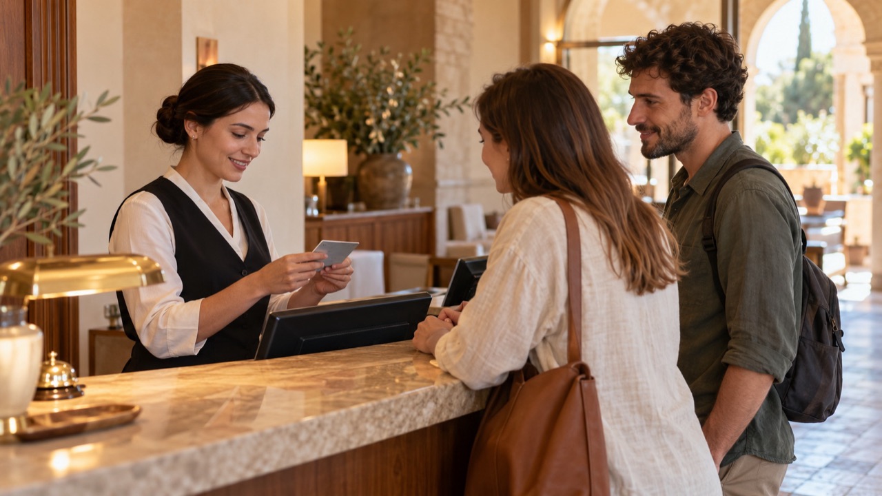 Receptionist discreetly checks an arriving guest's ID document with the personal data facing away.