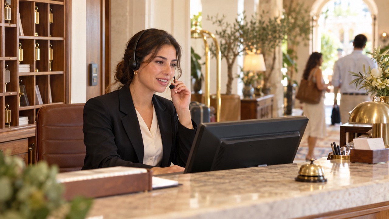 Receptionist answers a hotel phone with a headset and an attentive expression at a tidy workstation.