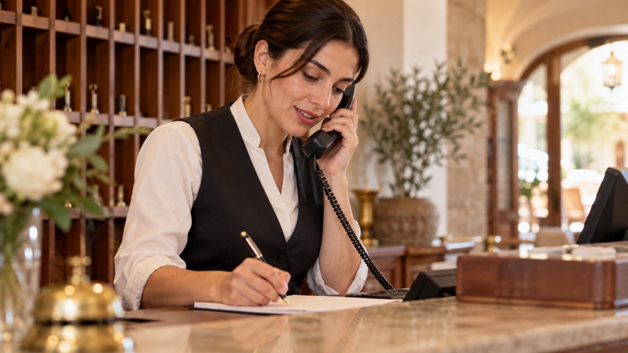 Receptionist carefully writes down a caller's callback details while checking them verbally.