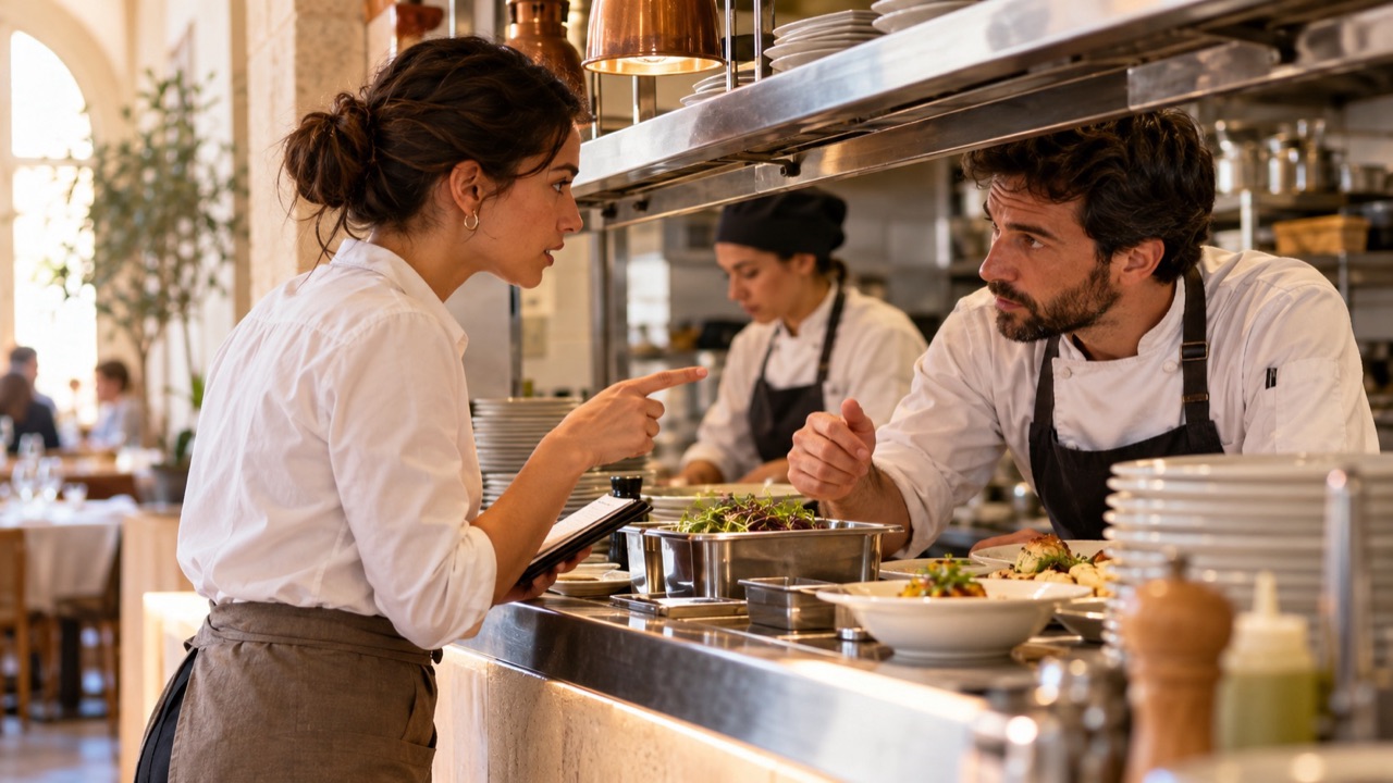 Server checks a guest dietary requirement directly with the kitchen before replying.