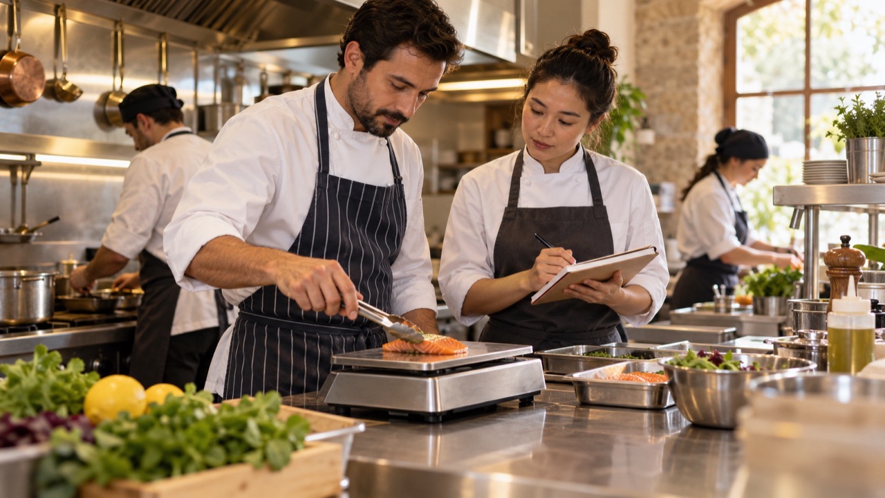 Kitchen supervisor weighs a portion on a clean scale during inventory or portion-cost checking, with a colleague noting results.