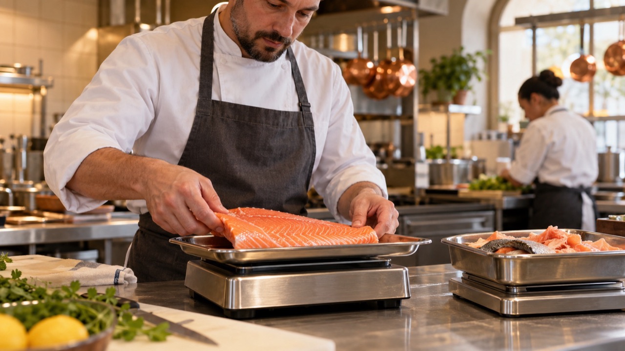 Chef conducts a fish yield test using a clean tray of trimmed fish and a separate tray for trimmings on scales, no graphic blood, no unsafe knife action.