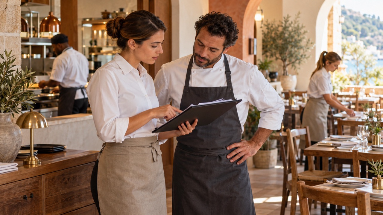 Restaurant supervisor checks staffing needs with a colleague before a quiet service, reviewing a schedule with no readable data.