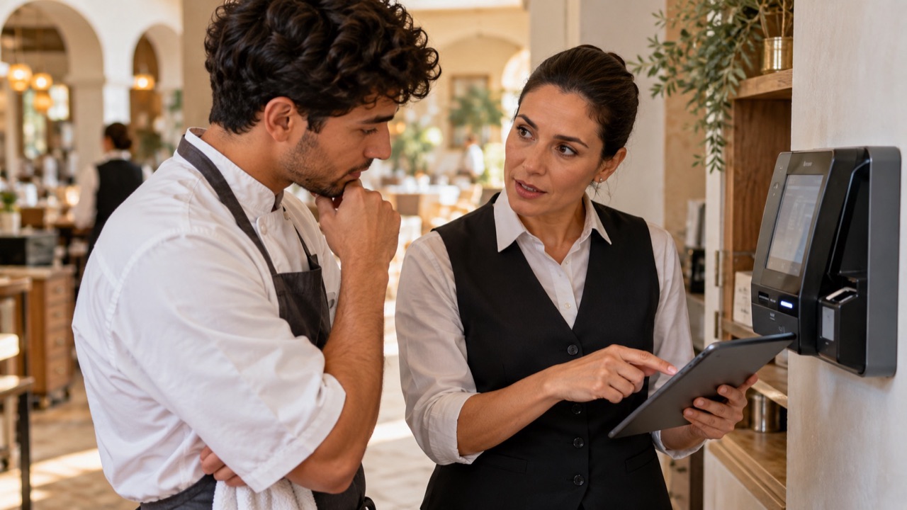 Supervisor discusses a shift adjustment with an employee at the time-clock area, respectful interaction and no readable screen.
