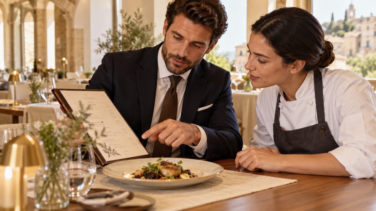 Restaurant manager reviews a simple printed menu design beside a plated special, prices and text out of focus.