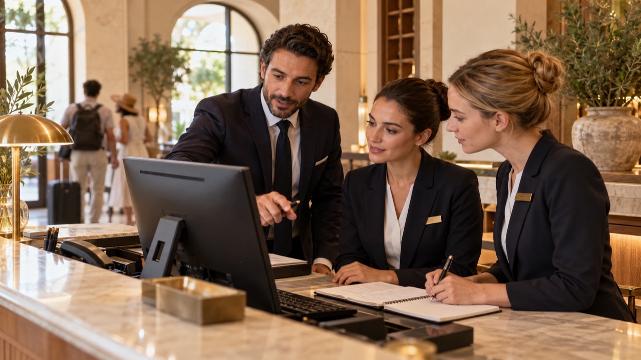 Front office manager reviews daily reports with reception, a monitor facing away and concise notes on the desk.