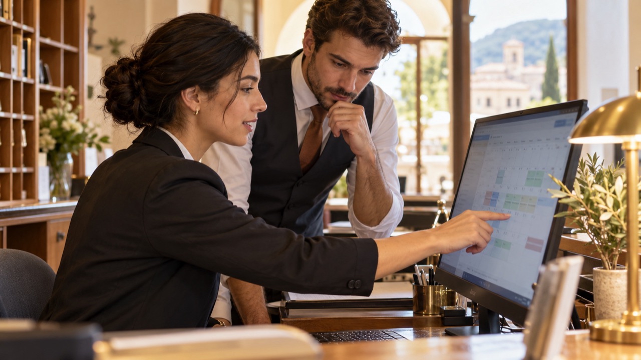 Reservations manager compares future booking dates on a calendar while a colleague considers room availability, no legible text.