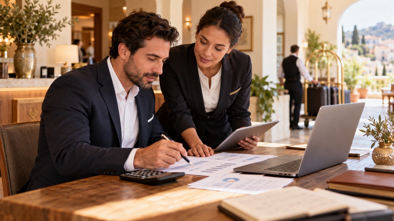 Hotel manager compares room revenue and occupancy records with a calculator and a colleague, numbers out of focus.