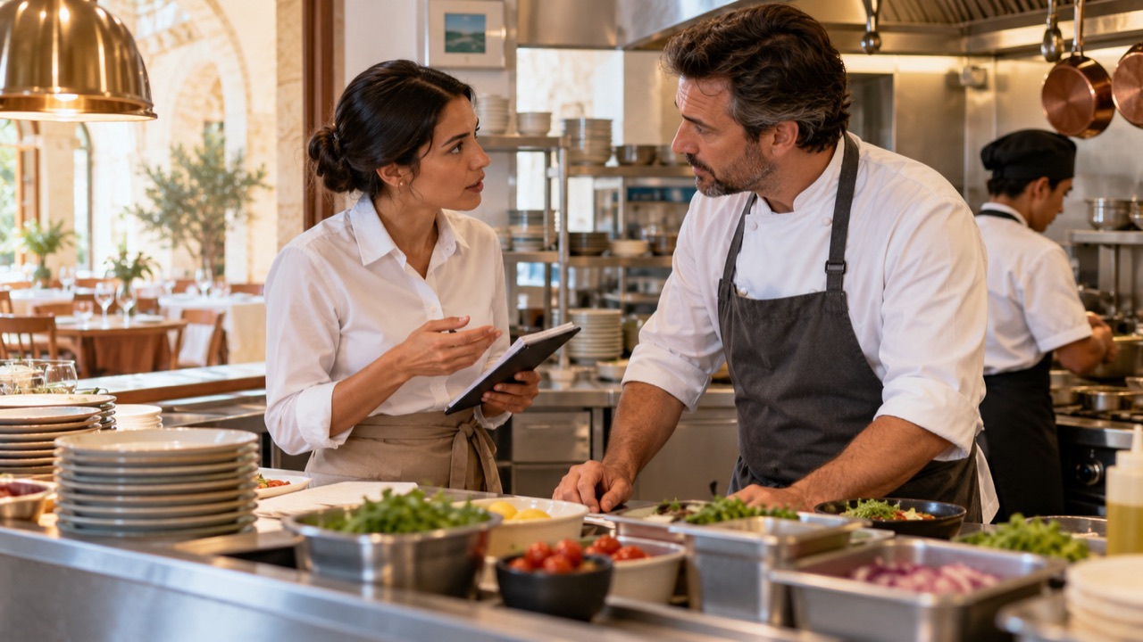 Server speaks directly to the chef about an allergy before service.