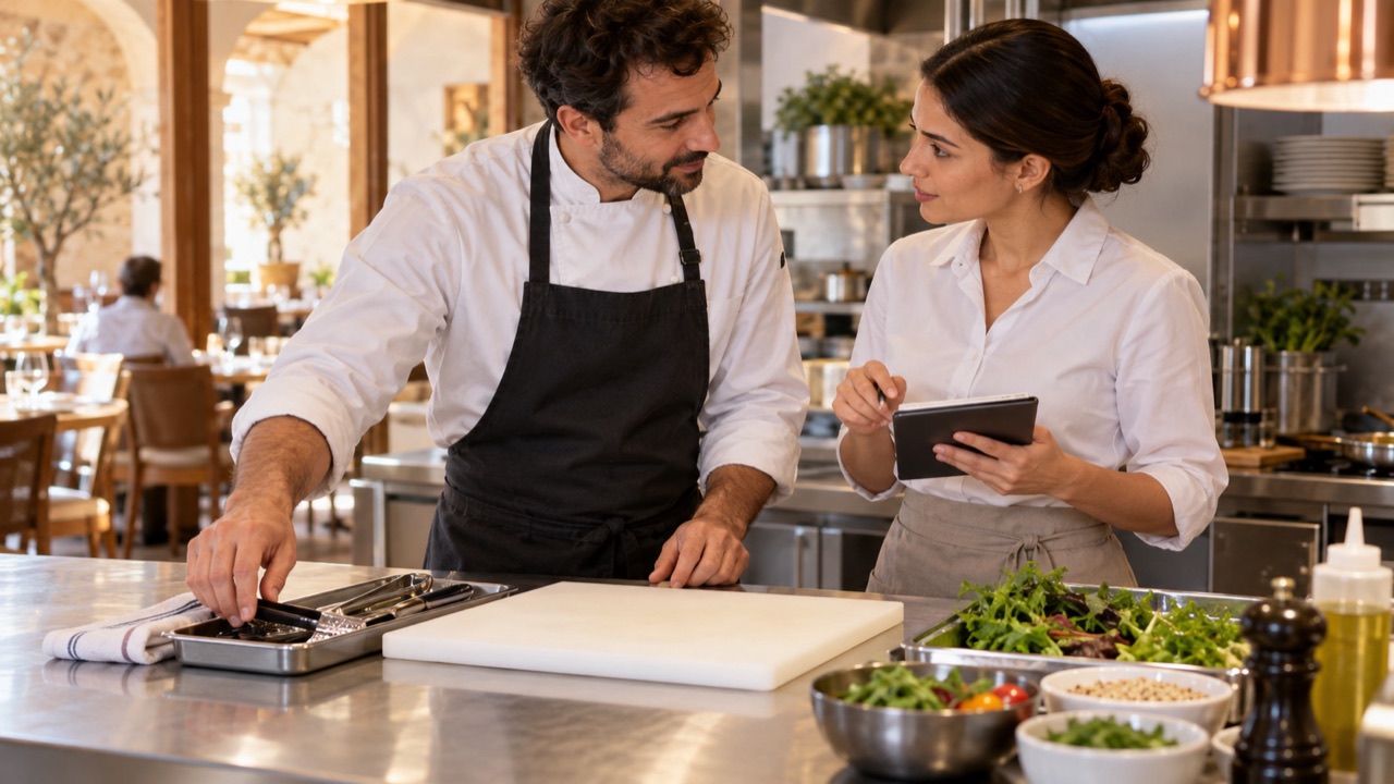 Chef sets out freshly cleaned utensils and a separate clean preparation surface while confirming a dietary order with the server.