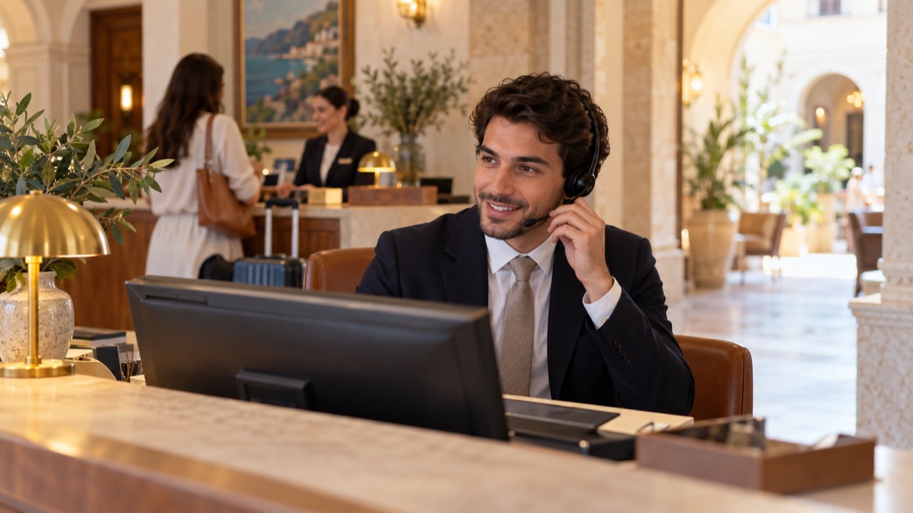 Receptionist answers a hotel phone with a headset and an attentive expression at a tidy workstation.