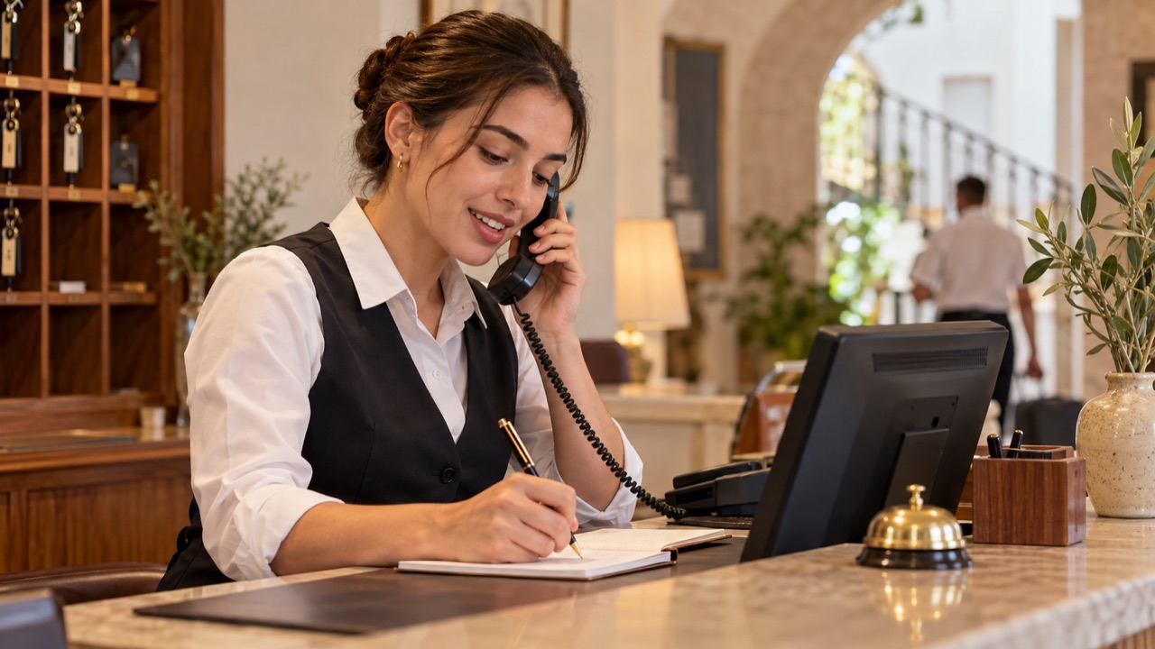 Receptionist carefully writes down a caller's callback details while checking them verbally.