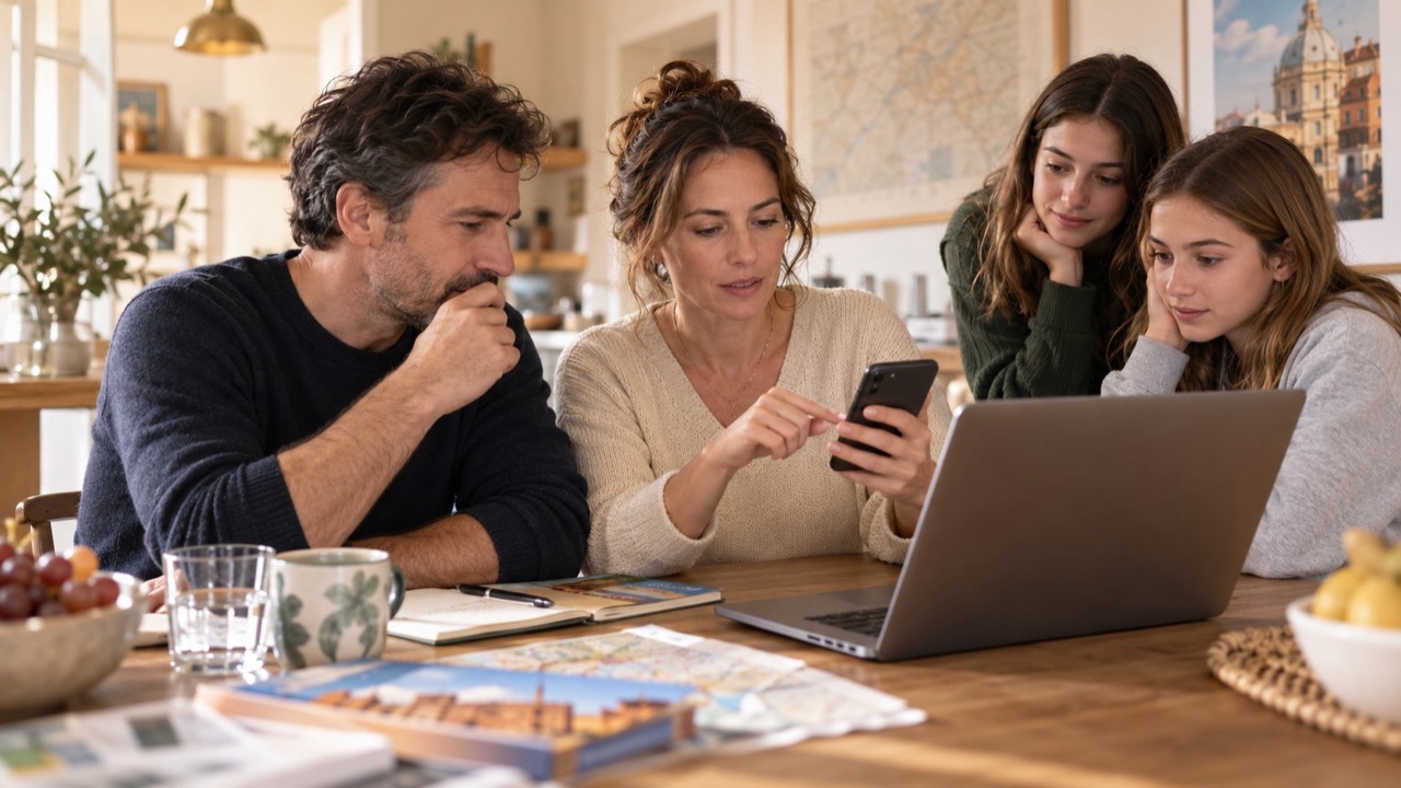 A couple compares a hotel booking on a smartphone with room photographs on a laptop at a kitchen table.