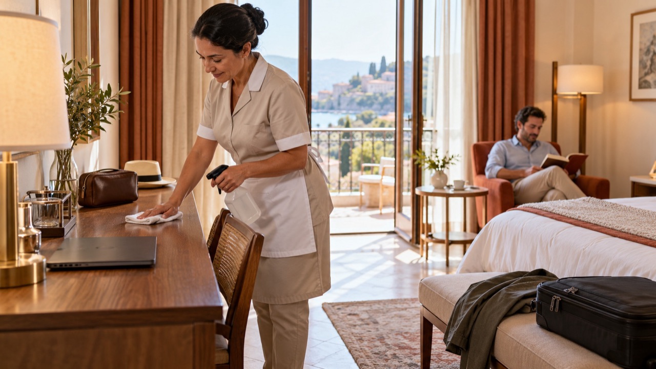 Housekeeper cleans a clear part of a guest-room desk while leaving closed personal belongings untouched.