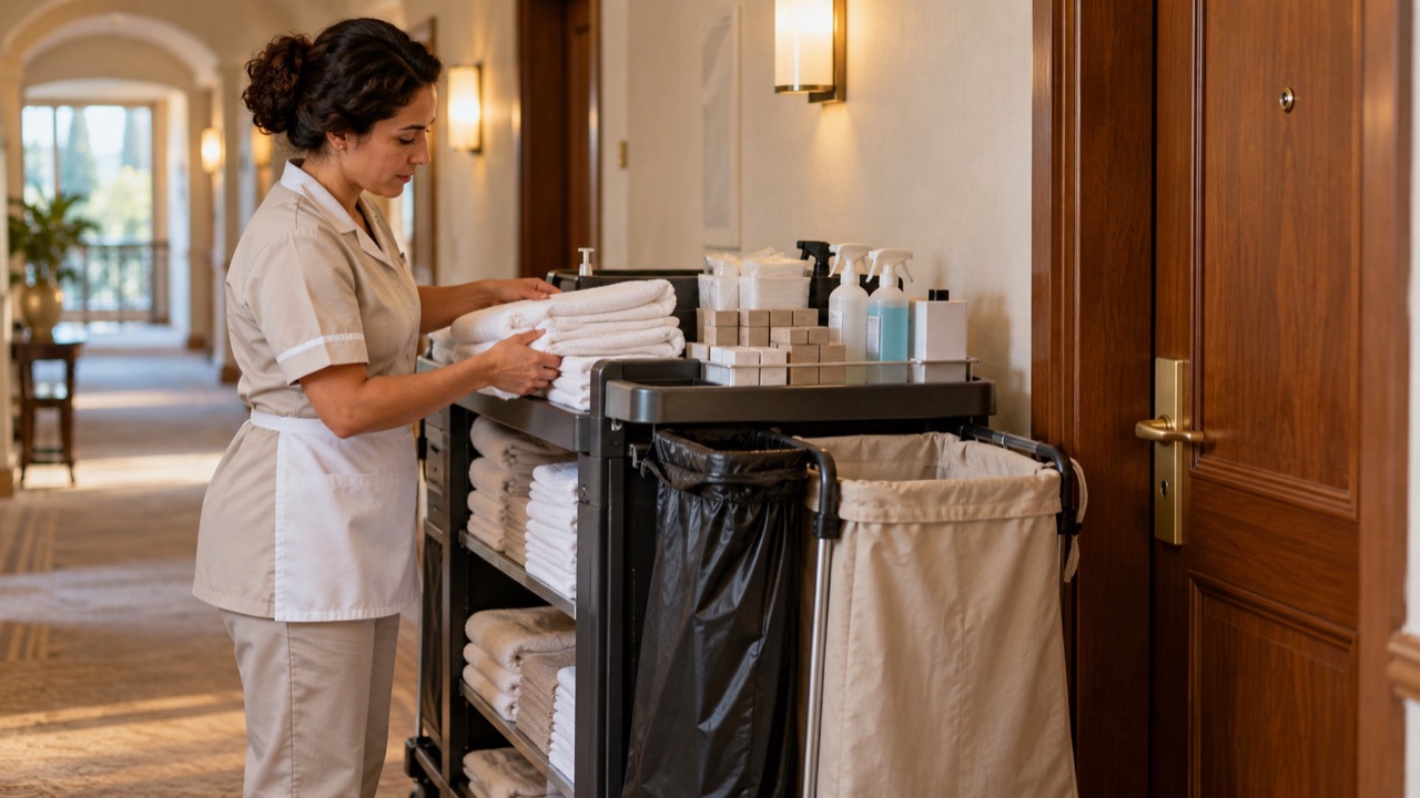 Housekeeping trolley stocked with clean linen separated from closed used-linen and rubbish bags, parked safely beside a room.