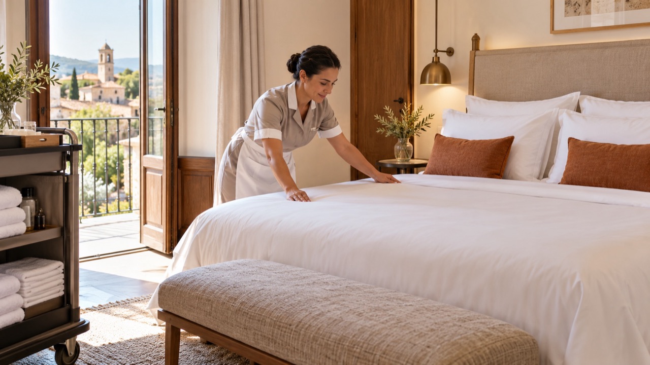 Housekeeper smooths a white duvet with even overhang on a carefully made hotel bed.