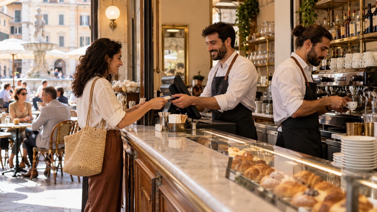 Guest pays at a traditional Italian cafe counter while a barista prepares espresso, no readable prices or branding.