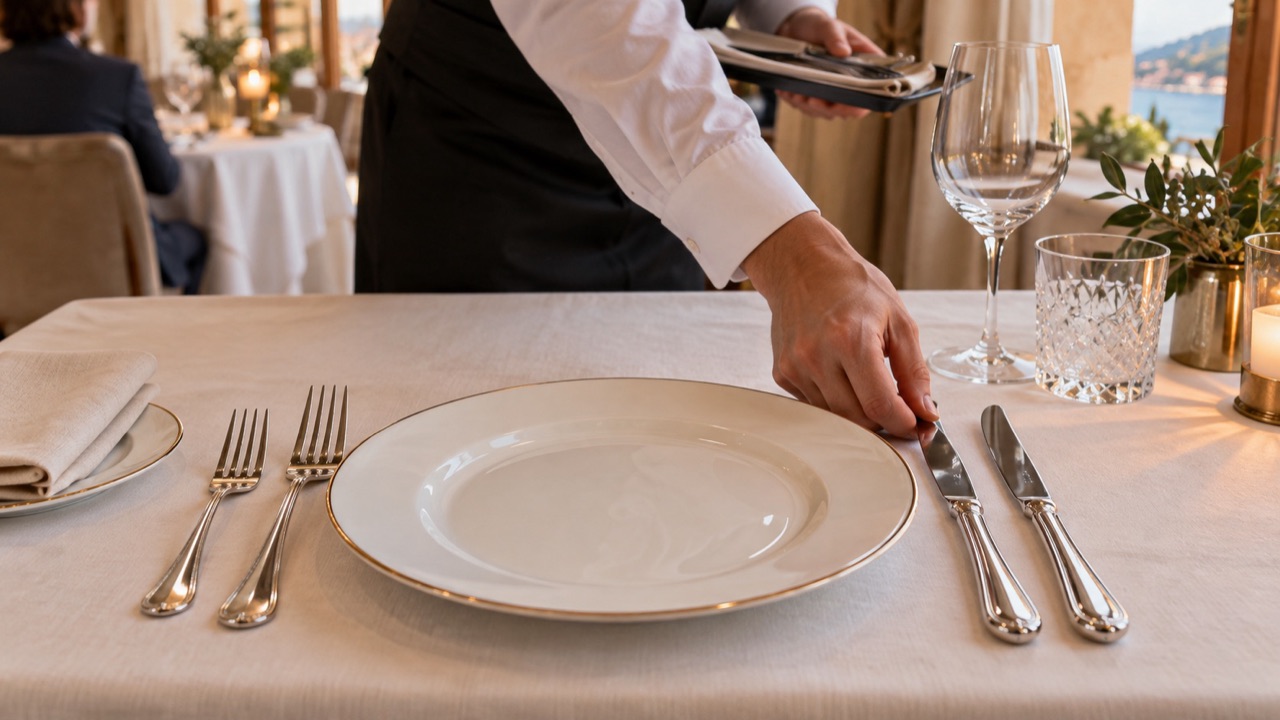 Precise fine-dining place setting: clean plate centered, forks to left, knives to right with blades inward, crystal above right, no excess decorative cutlery.