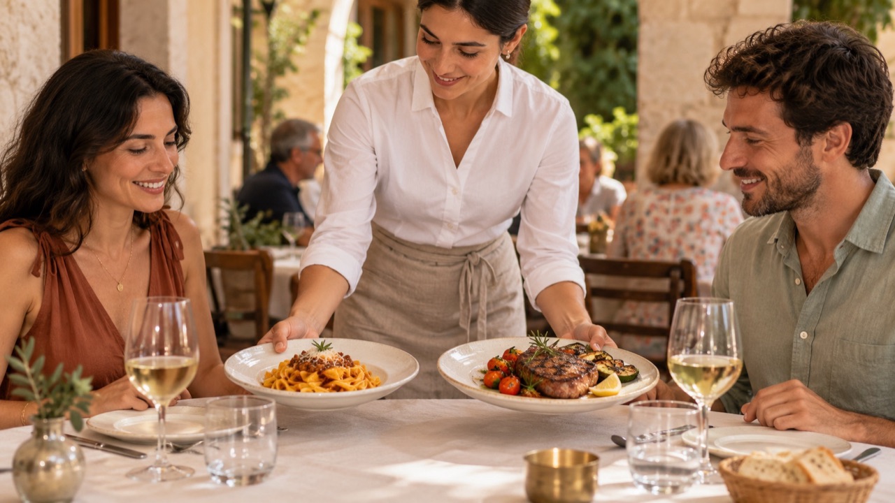 A server brings one pasta dish and one grilled main to two guests at the same time after a coordinated request.