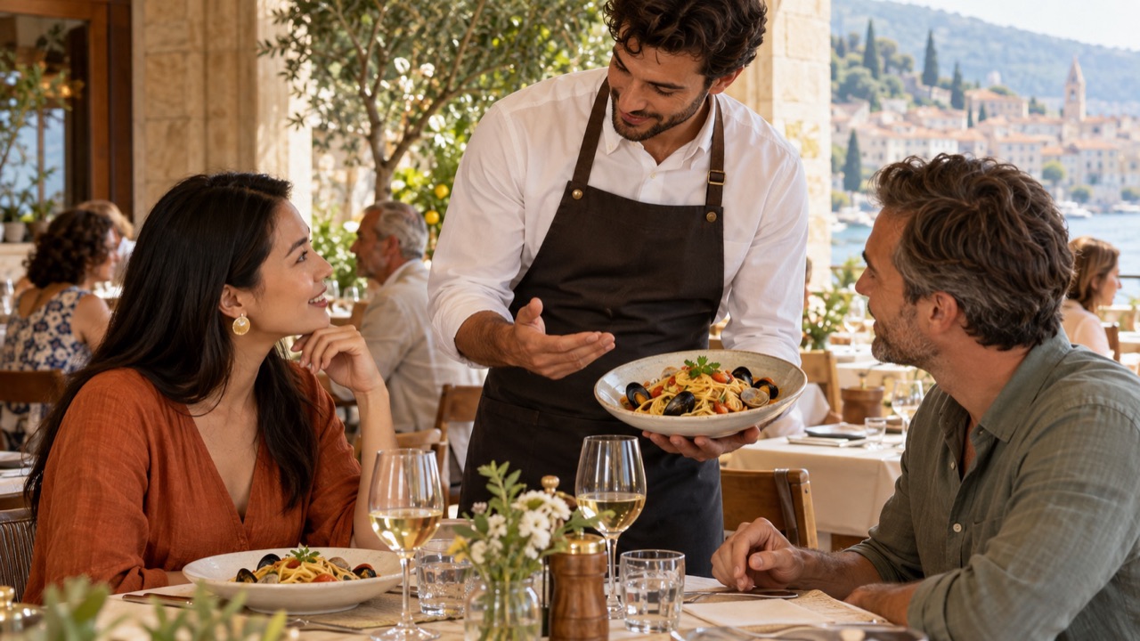 Diner discusses a regional pasta dish with a knowledgeable server, relaxed restaurant exchange.
