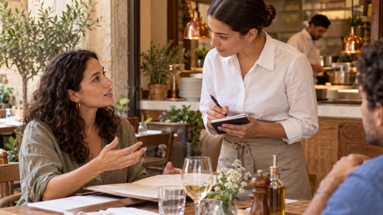 Diner explains a dietary requirement to a server, who listens and takes a clear note before going to check with the kitchen.