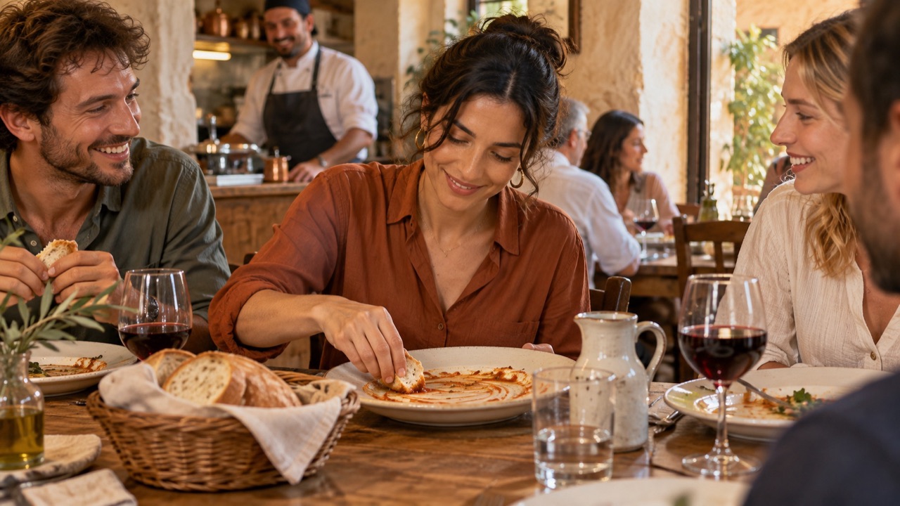 Close view of an adult diner using a small piece of bread to collect remaining tomato sauce from a plate in a casual trattoria.