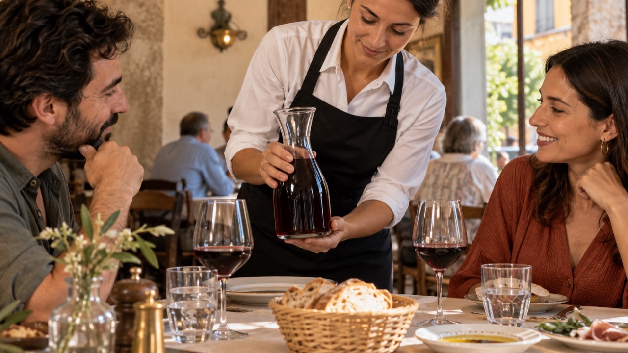 Server presents a modest clear carafe of house red wine to adult diners beside plain stemmed glasses.